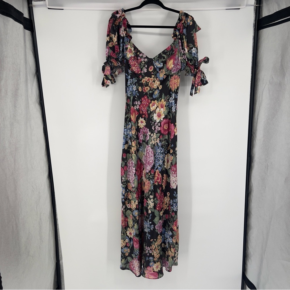 Selkie The Puck Poet 100% Silk Floral Sweetheart Puff Sleeve Maxi Dress Gown 1X